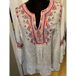 Johnny Was White multi color Aztec Embroidered Tunic long Sleeve top sz L NWT